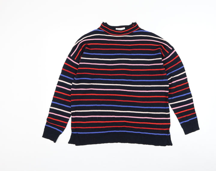 Warehouse Womens Blue Mock Neck Striped Cotton Pullover Jumper Size 6