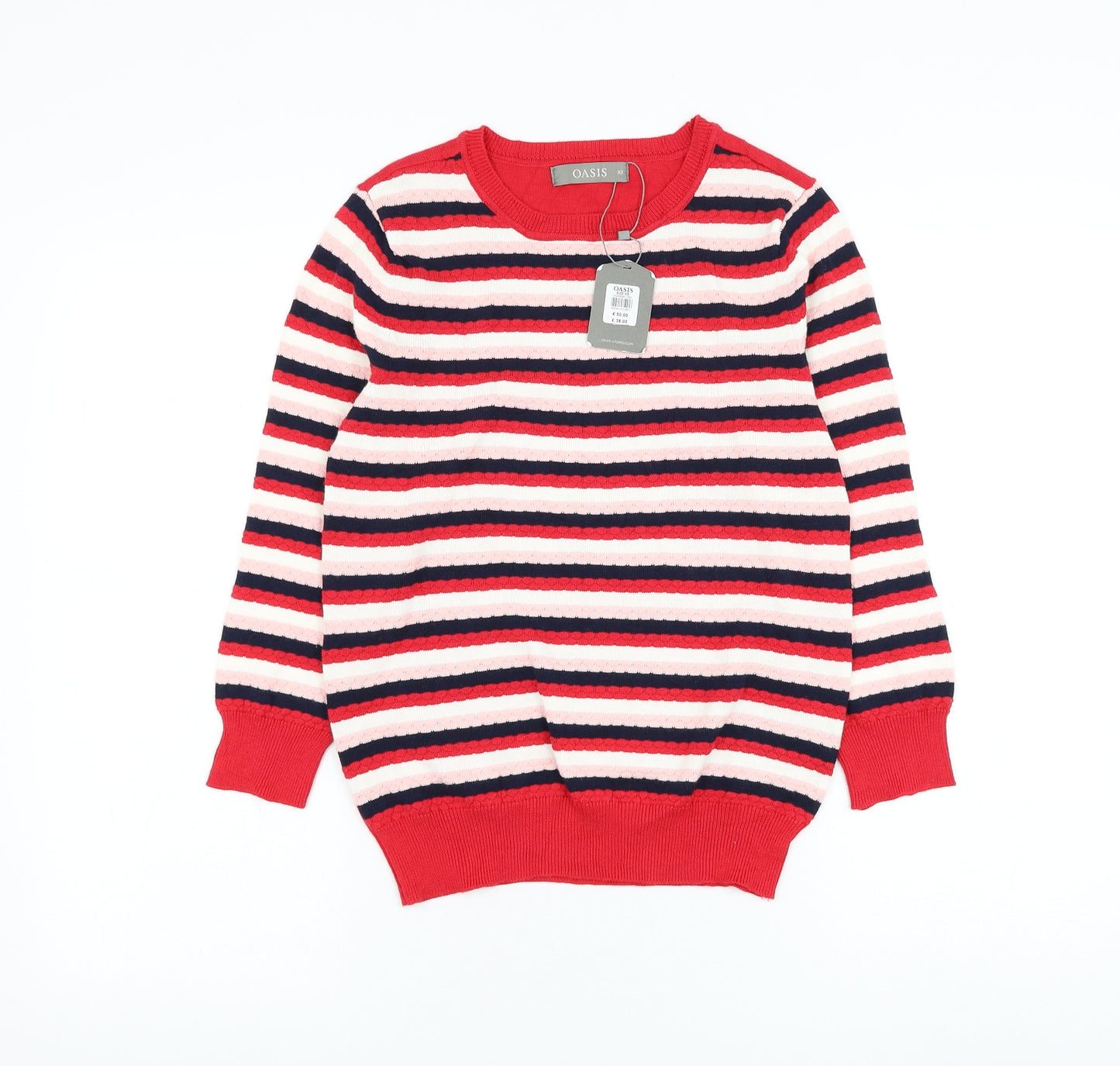 Oasis Womens Red Round Neck Striped Cotton Pullover Jumper Size XS