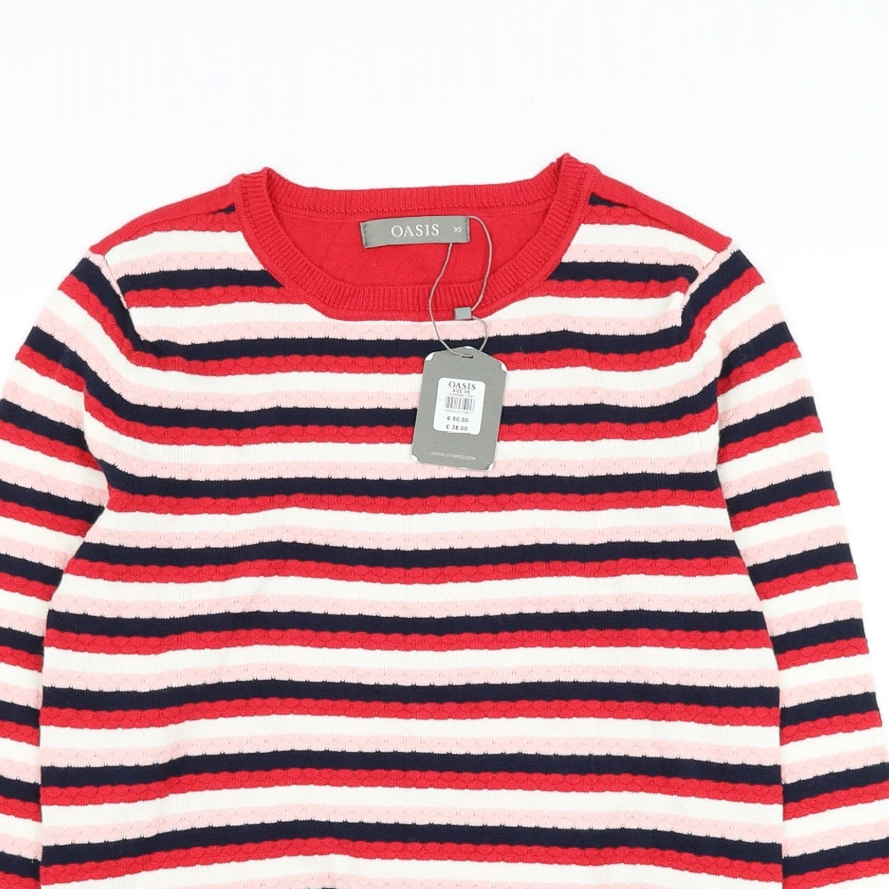 Oasis Womens Red Round Neck Striped Cotton Pullover Jumper Size XS