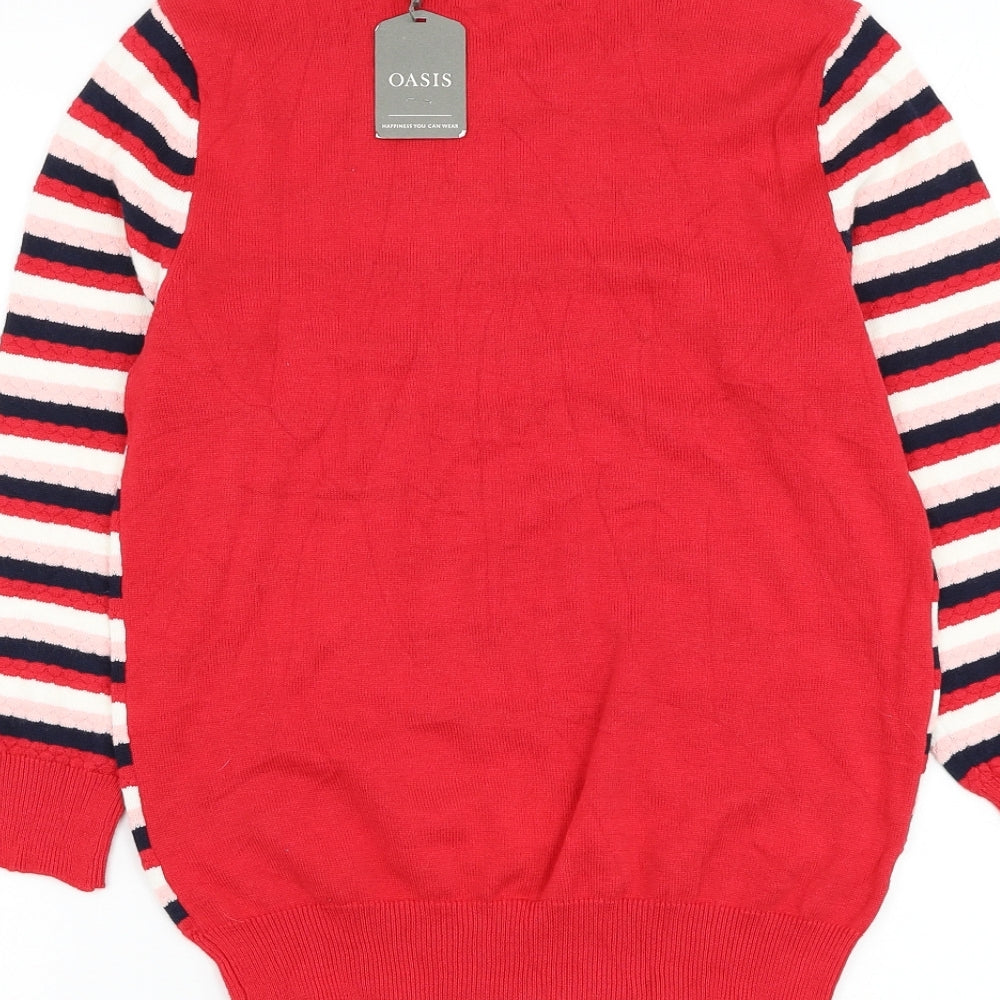 Oasis Womens Red Round Neck Striped Cotton Pullover Jumper Size XS