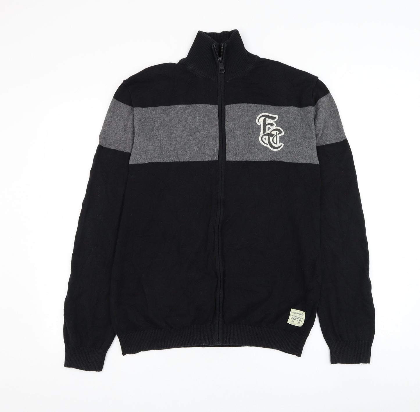 Espirit Mens Black Mock Neck Cotton Full Zip Jumper Size L