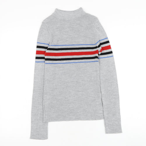 Cooperative Womens Grey Round Neck Striped Acrylic Pullover Jumper Size M