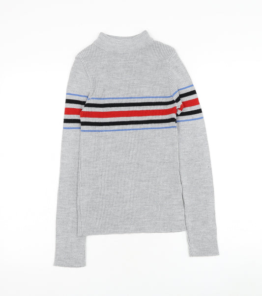 Front view of Cooperative women’s grey round neck striped acrylic jumper, size M