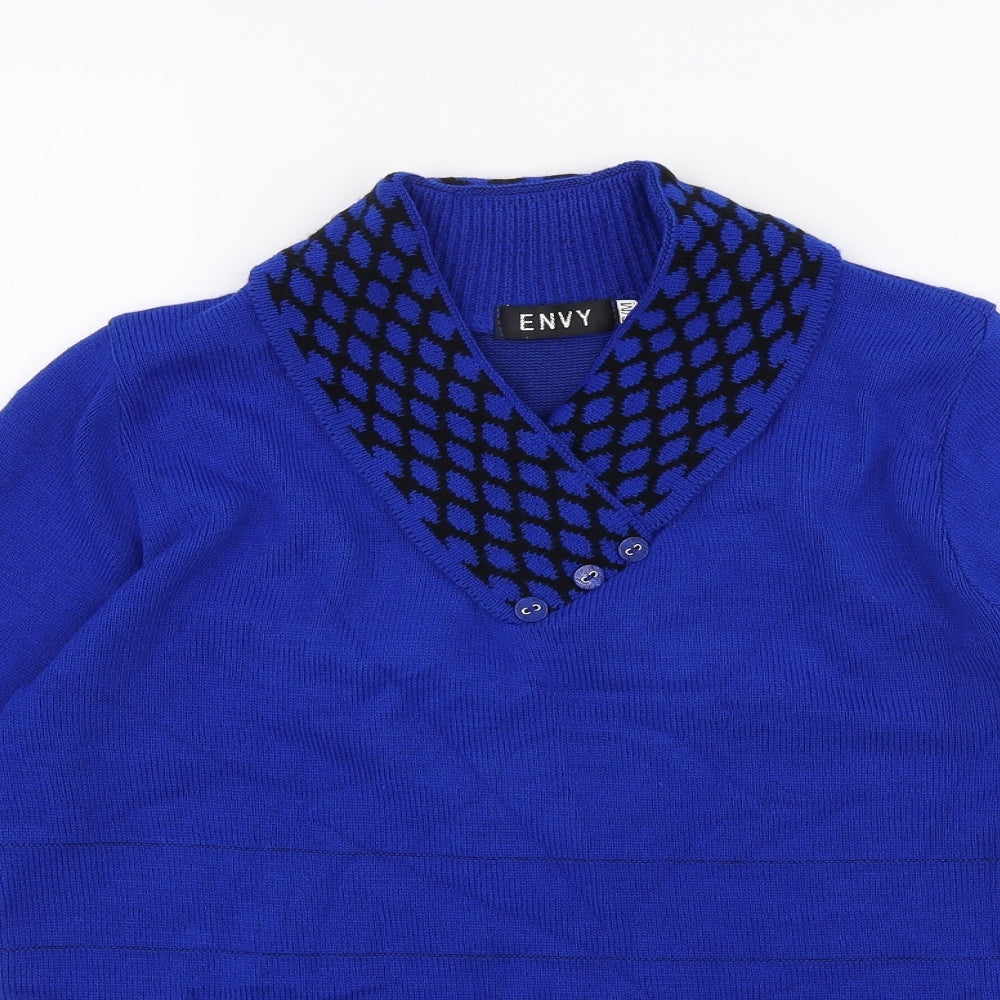 Envy Womens Blue Acrylic Basic Button-Up Size S Collared - Size S/M