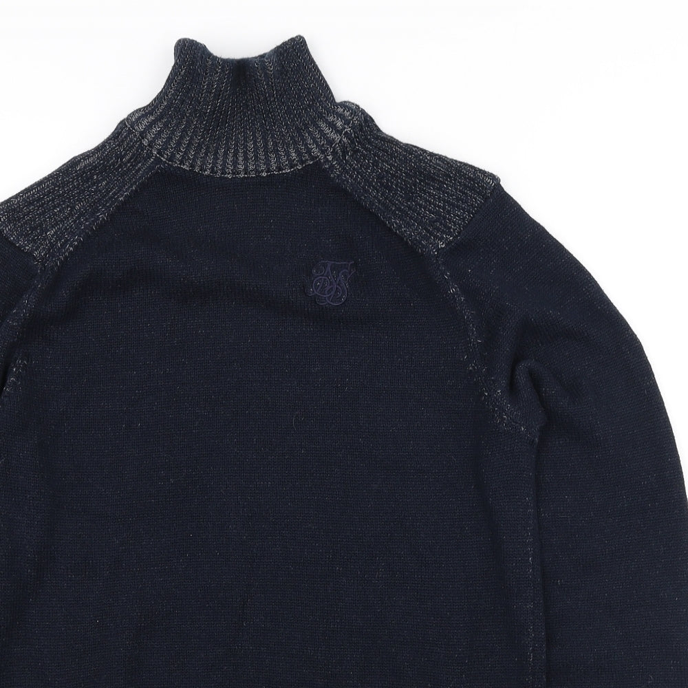 SikSilk Mens Blue High Neck Cotton Pullover Jumper Size XS