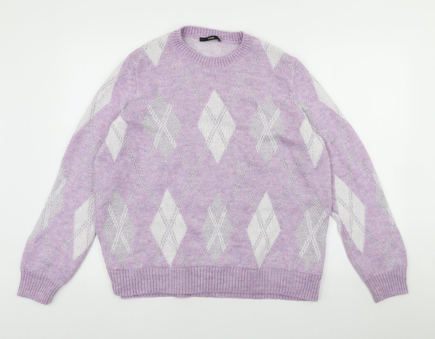 George Womens Purple Roll Neck Argyle/Diamond Acrylic Pullover Jumper Size 16