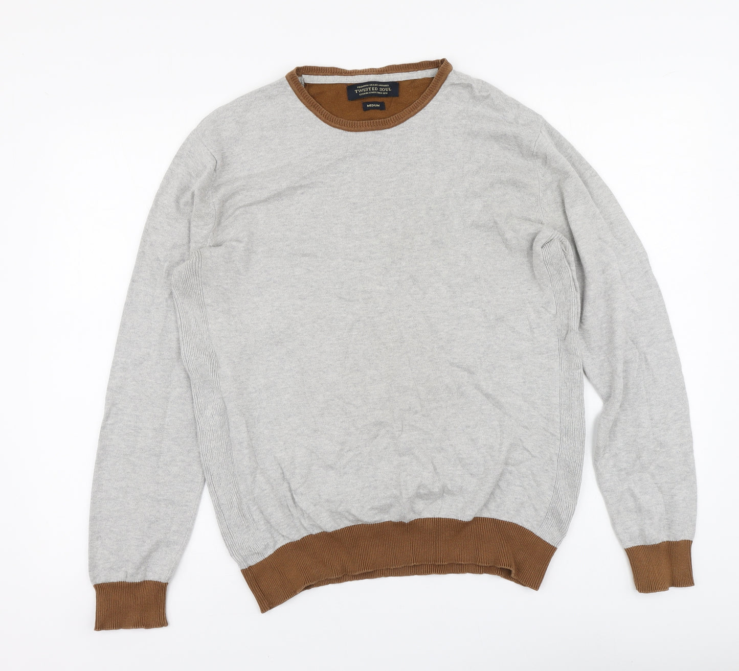 Twisted Soul Mens Grey Round Neck Cotton Pullover Jumper Size M