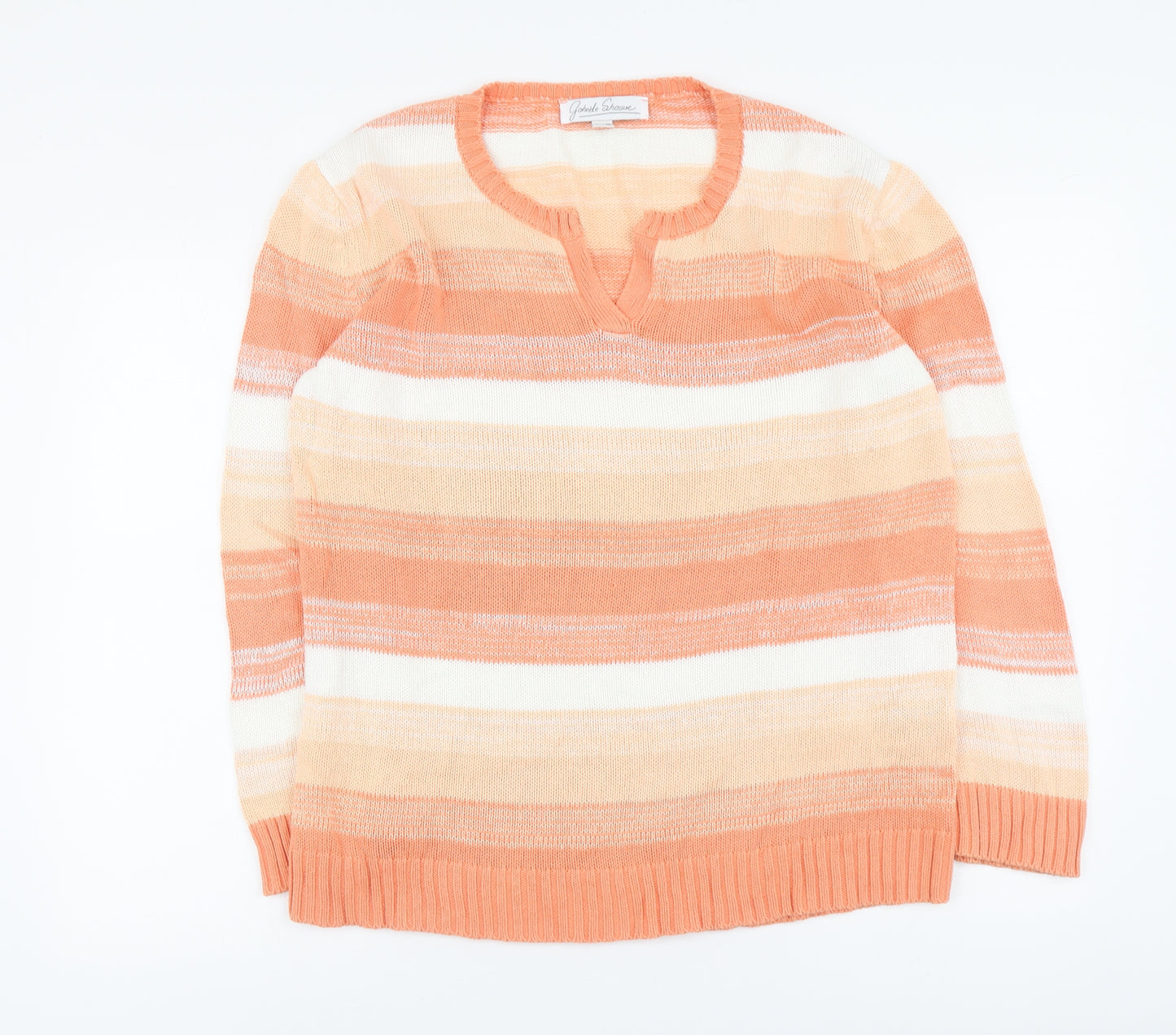 Gabriele Shaawe Womens Orange V-Neck Striped Cotton Pullover Jumper Size 18