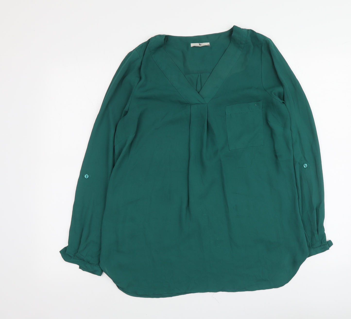 TU Womens Green Polyester Basic Blouse Size 8 V-Neck