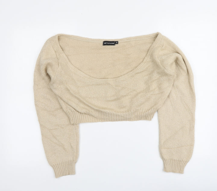 PRETTYLITTLETHING Womens Beige Round Neck Acrylic Pullover Jumper Size M