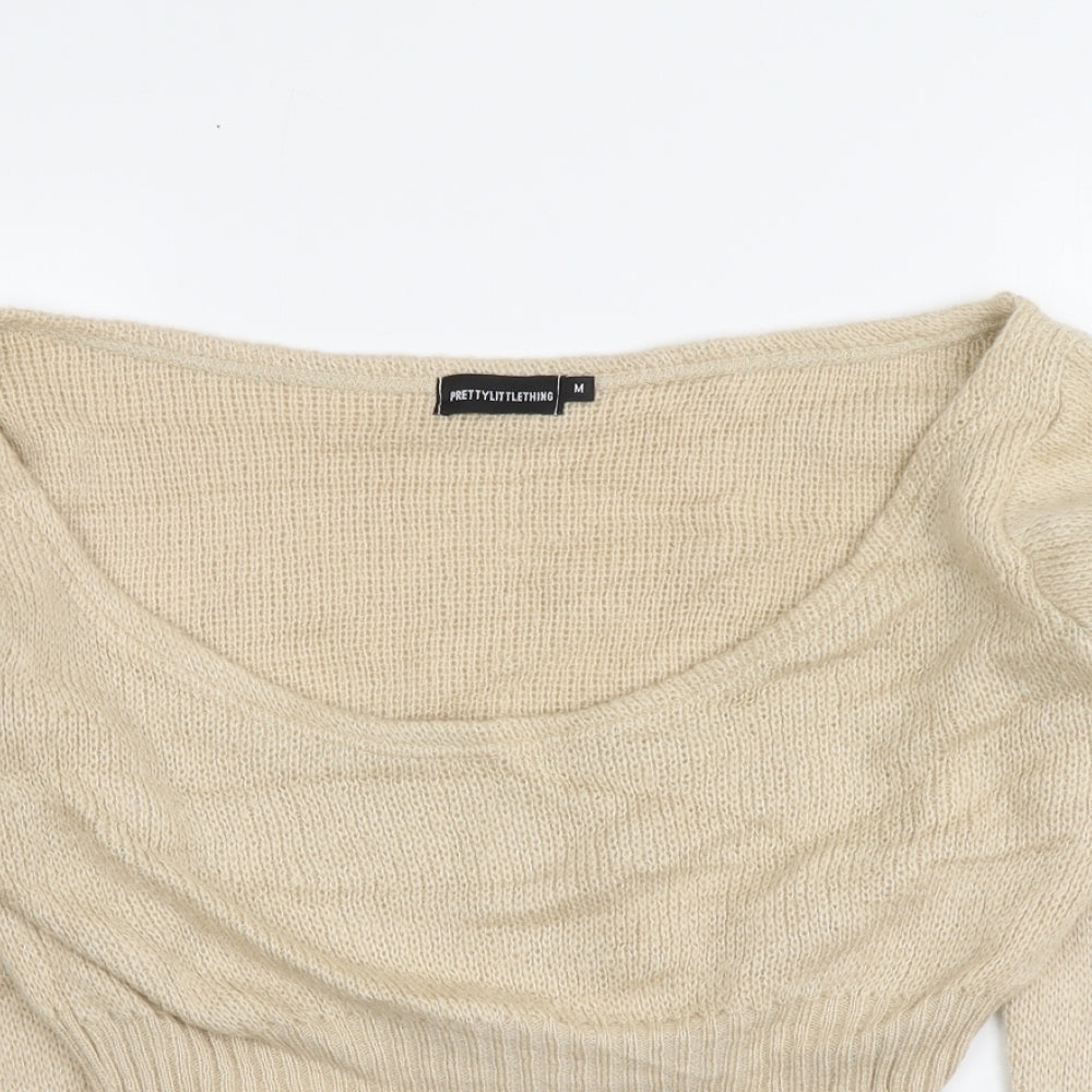 PRETTYLITTLETHING Womens Beige Round Neck Acrylic Pullover Jumper Size M