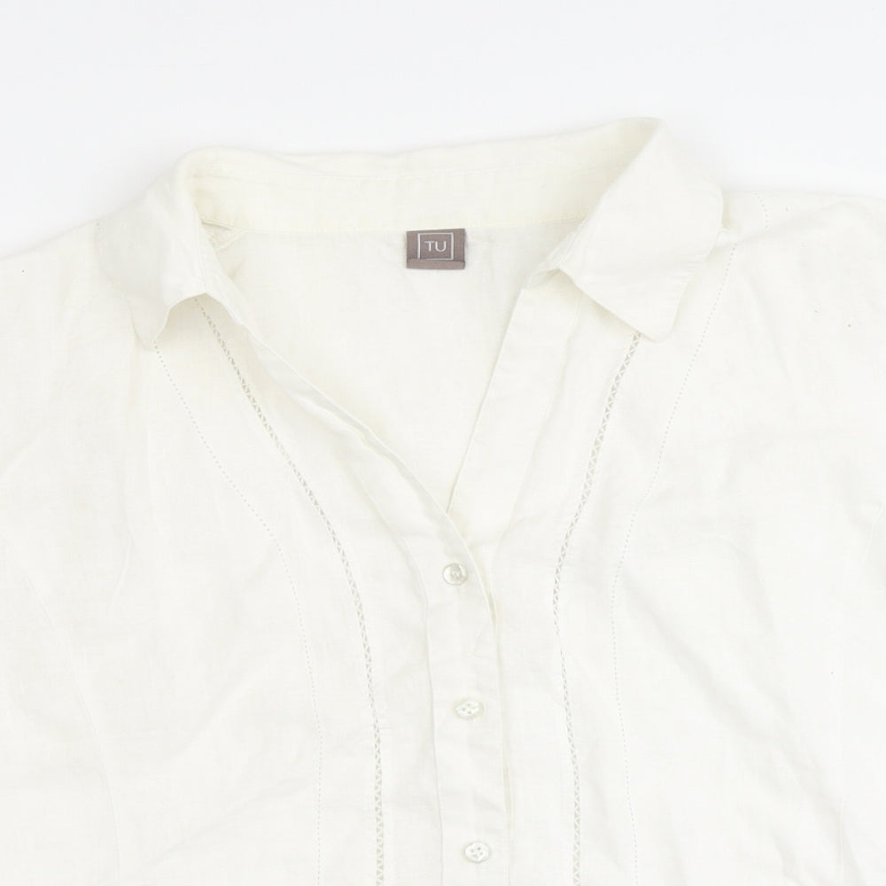 TU Womens White Linen Basic Button-Up Size 16 V-Neck