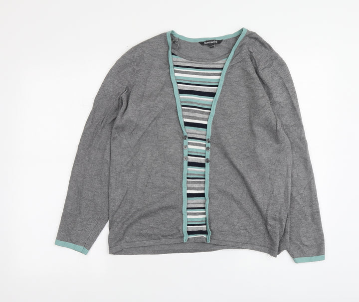 Bonmarché Womens Grey Round Neck Striped Viscose Pullover Jumper Size 16