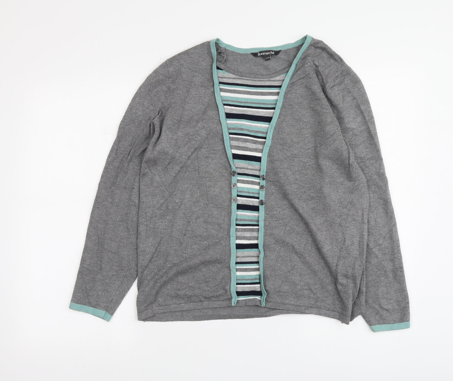Bonmarché Womens Grey Round Neck Striped Viscose Pullover Jumper Size 16