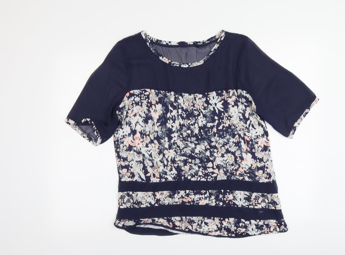 NEXT Womens Blue Floral Viscose Basic Blouse Size 14 Round Neck