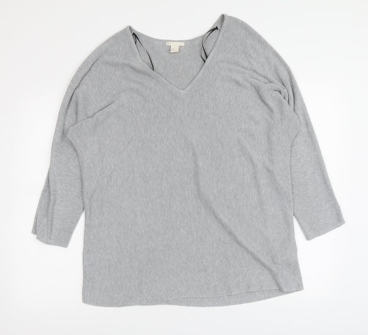 H&M Womens Grey V-Neck Polyester Pullover Jumper Size M
