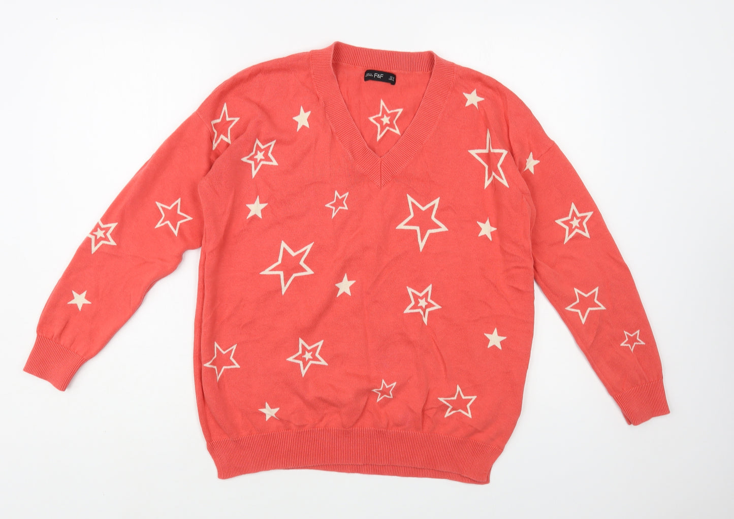 F&F Womens Pink V-Neck Geometric Cotton Pullover Jumper Size 12 - Star Pattern