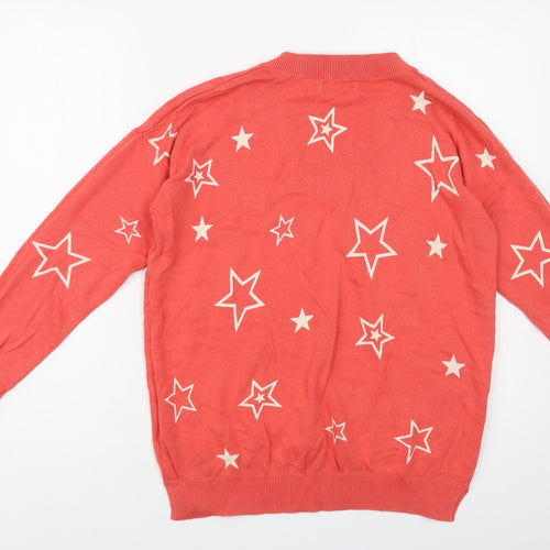 F&F Womens Pink V-Neck Geometric Cotton Pullover Jumper Size 12 - Star Pattern
