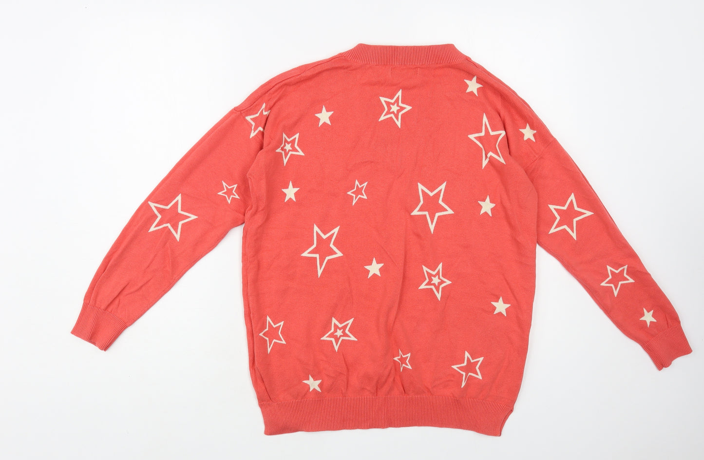 F&F Womens Pink V-Neck Geometric Cotton Pullover Jumper Size 12 - Star Pattern