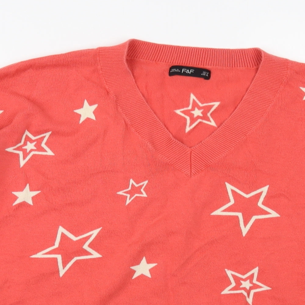 F&F Womens Pink V-Neck Geometric Cotton Pullover Jumper Size 12 - Star Pattern