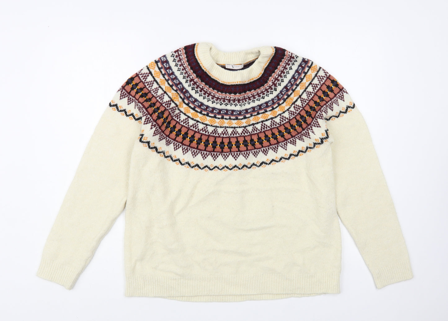 TU Womens Ivory Crew Neck Fair Isle Acrylic Pullover Jumper Size 16