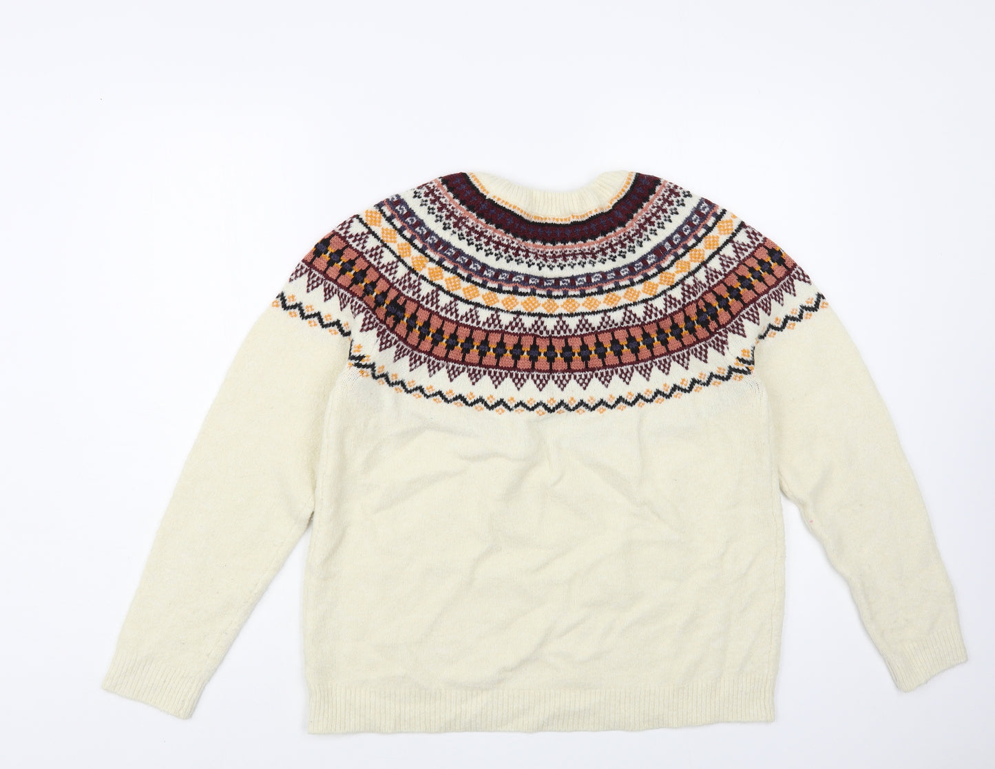 TU Womens Ivory Crew Neck Fair Isle Acrylic Pullover Jumper Size 16