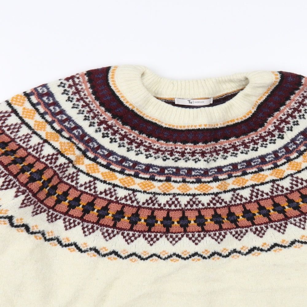 TU Womens Ivory Crew Neck Fair Isle Acrylic Pullover Jumper Size 16