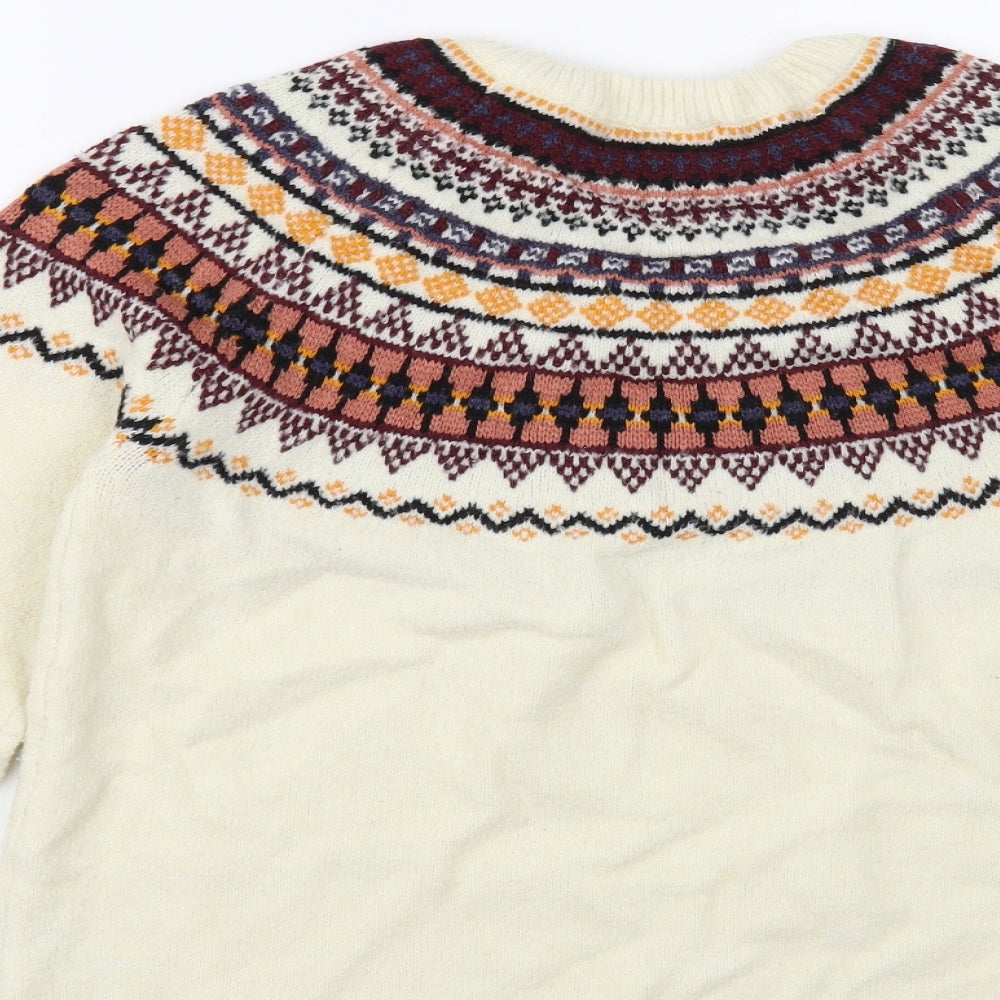 TU Womens Ivory Crew Neck Fair Isle Acrylic Pullover Jumper Size 16