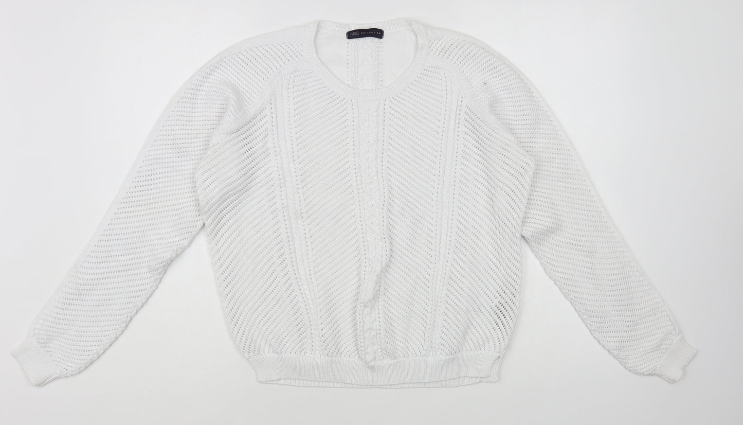 Marks and Spencer Womens White Crew Neck Cotton Pullover Jumper Size 16