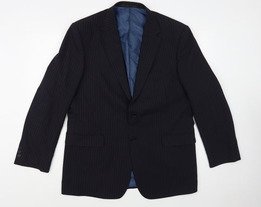 Front view of Marks & Spencer men’s blue striped polyester jacket blazer, size 44
