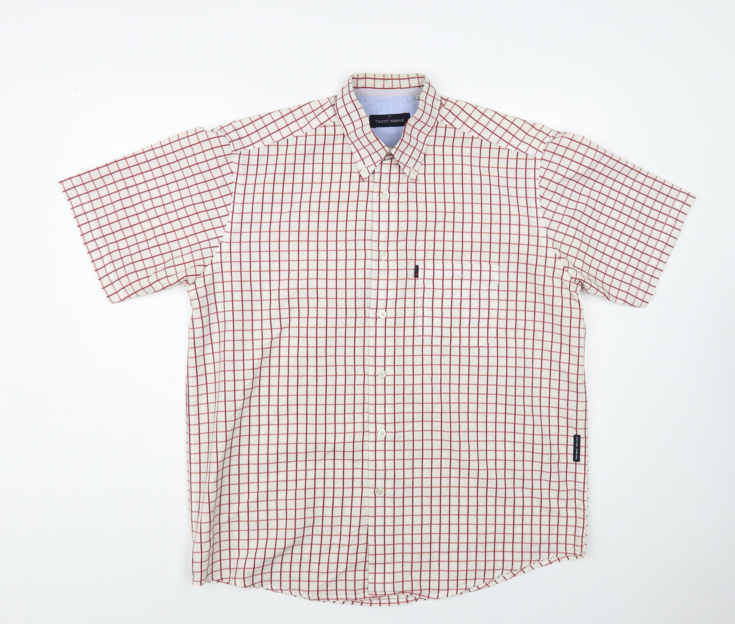 Tricot Marine Mens White Check Cotton Button-Up Size L Collared Button