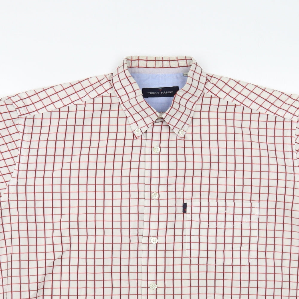 Tricot Marine Mens White Check Cotton Button-Up Size L Collared Button