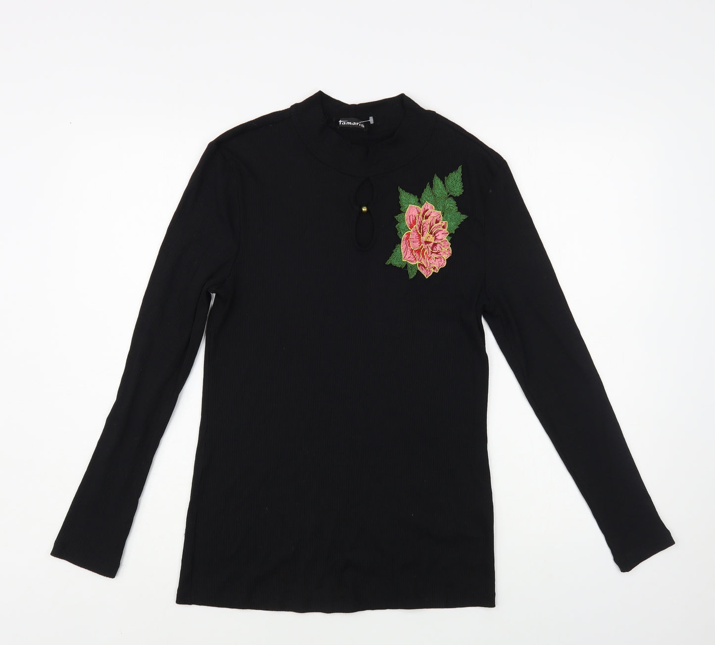 Tamaris Womens Black Polyester Basic Blouse Size 16 Mock Neck - Flower Detail