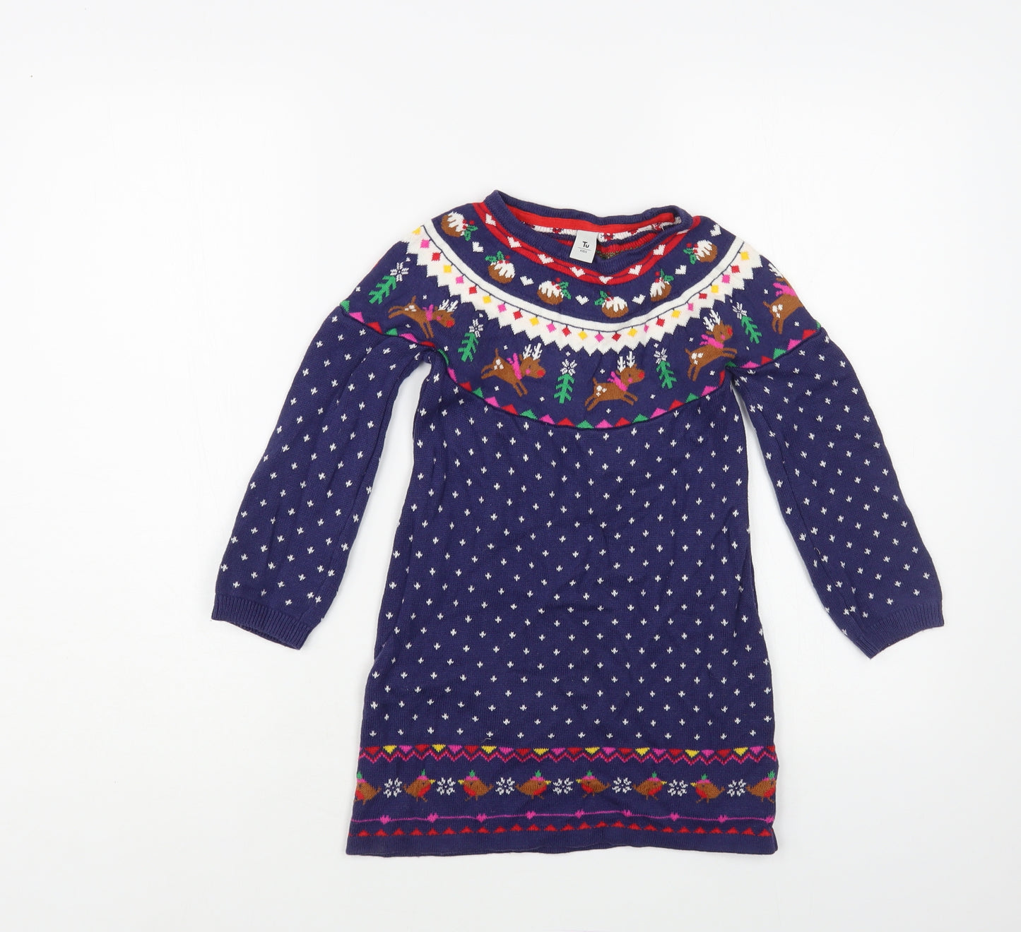 TU Girls Blue Geometric Cotton Jumper Dress Size 4-5 Years Crew Neck Pullover - Christmas Dress