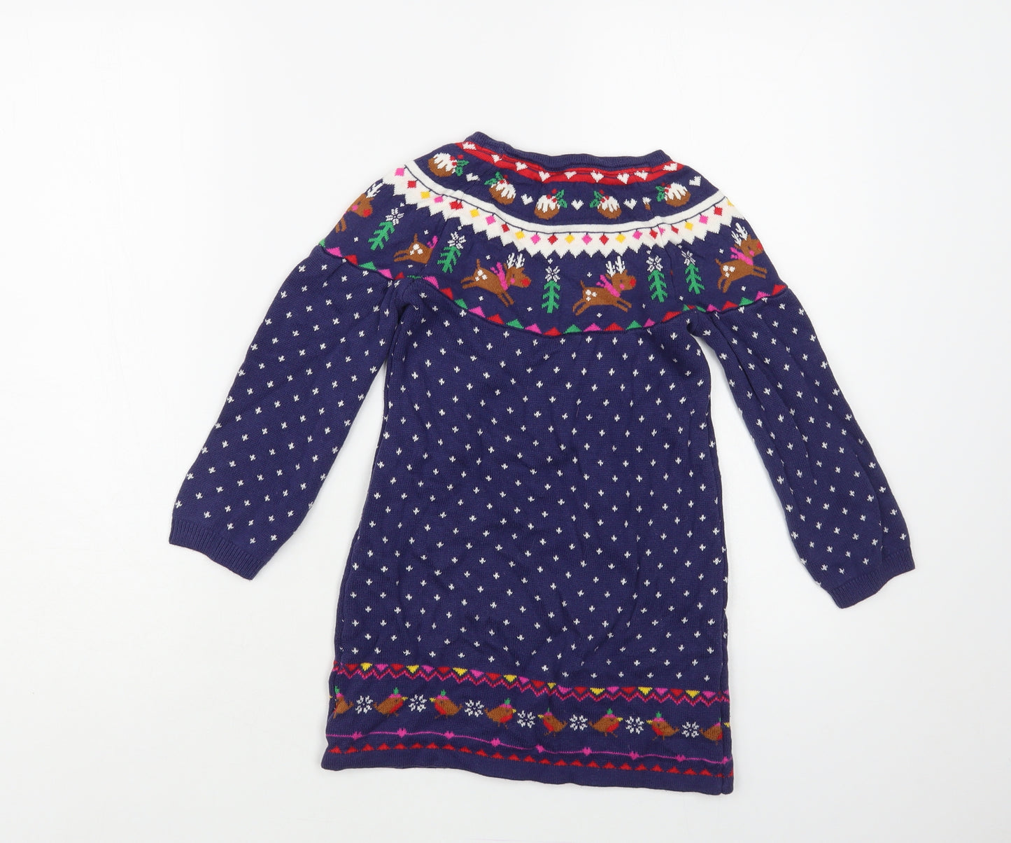 TU Girls Blue Geometric Cotton Jumper Dress Size 4-5 Years Crew Neck Pullover - Christmas Dress