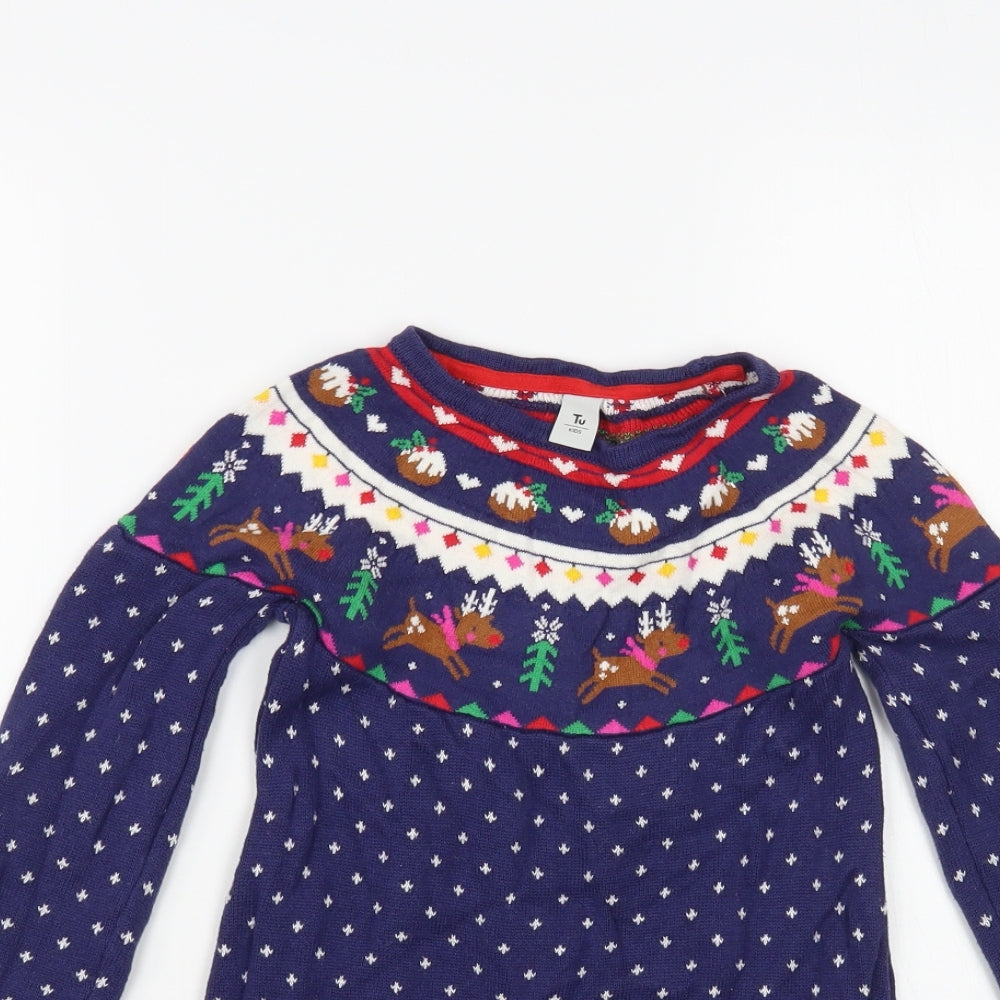 TU Girls Blue Geometric Cotton Jumper Dress Size 4-5 Years Crew Neck Pullover - Christmas Dress