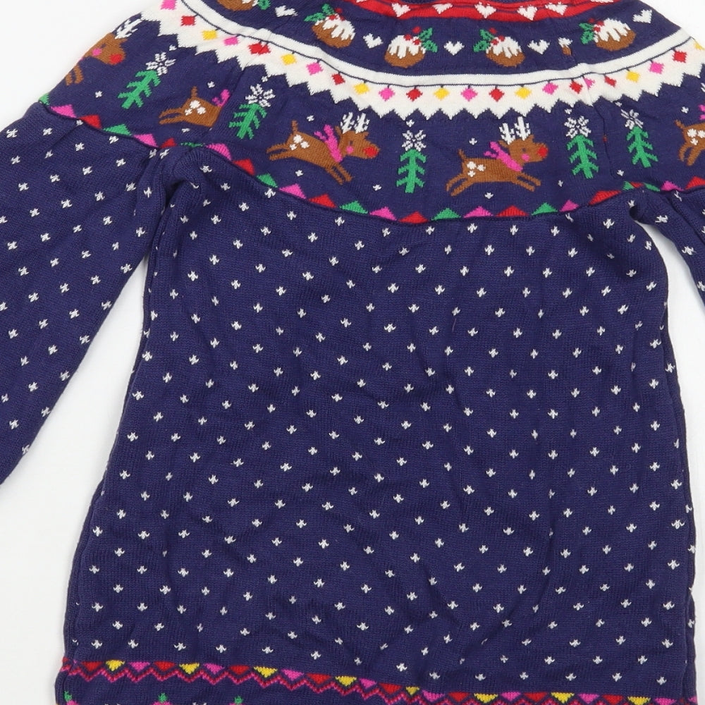 TU Girls Blue Geometric Cotton Jumper Dress Size 4-5 Years Crew Neck Pullover - Christmas Dress