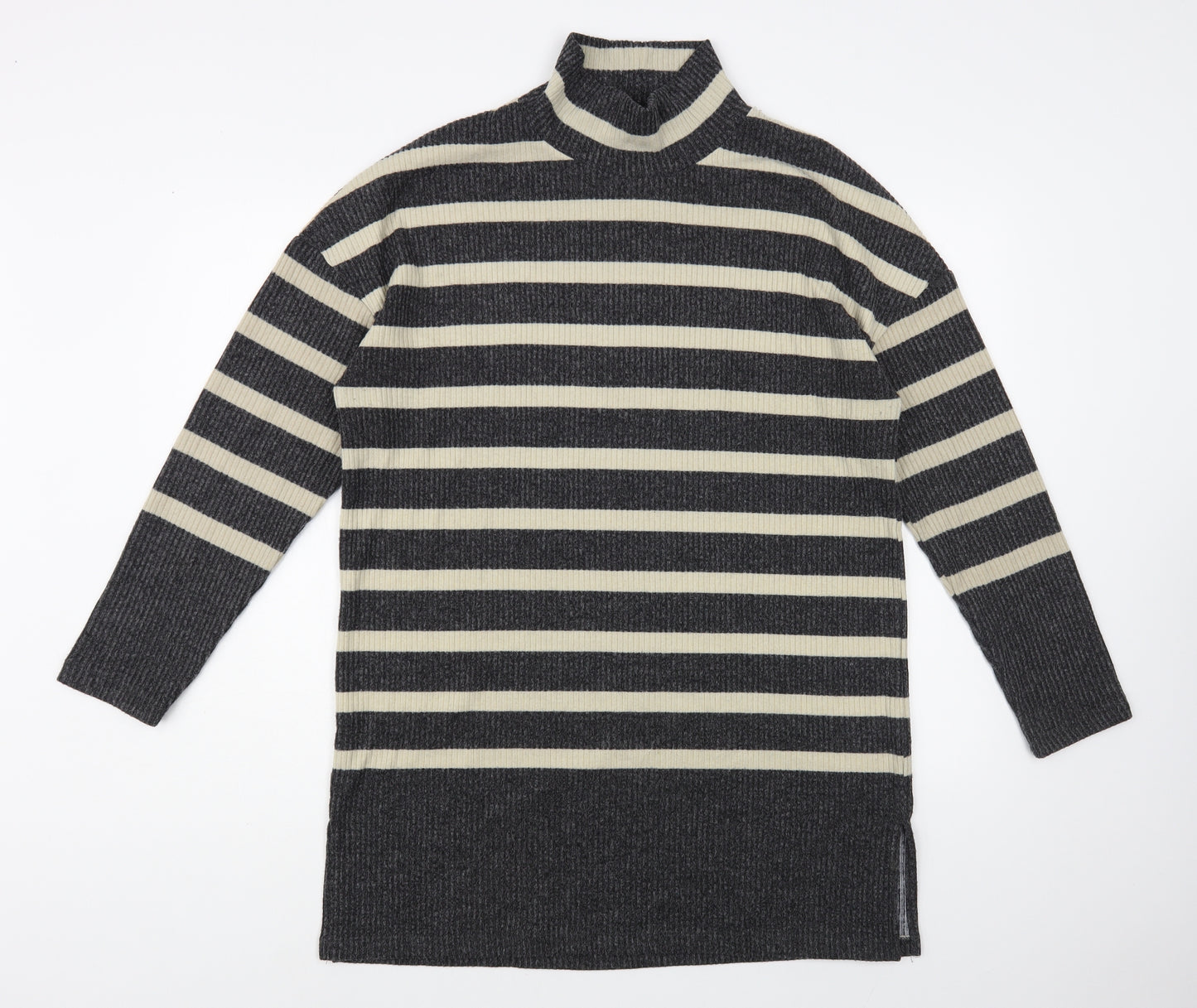 F&F Womens Grey Mock Neck Striped Polyester Tunic Jumper Size 14