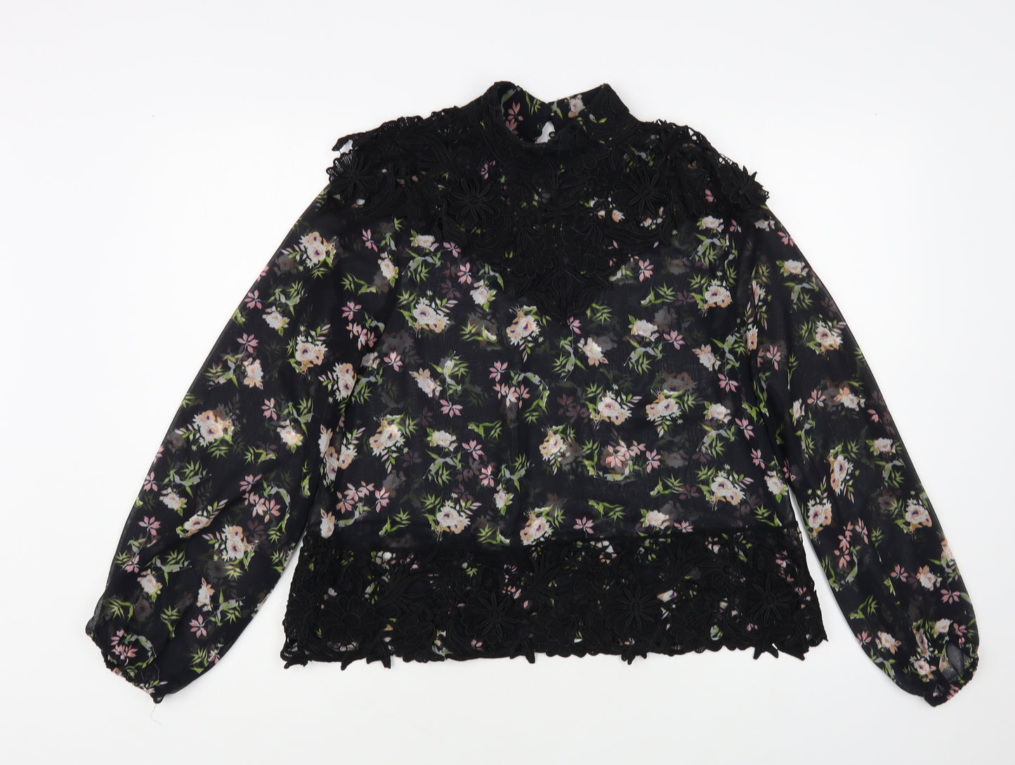 Zara Womens Black Floral Polyester Basic Blouse Size XS Mock Neck - Lace Detail