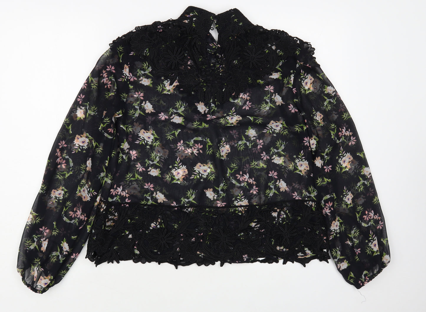 Zara Womens Black Floral Polyester Basic Blouse Size XS Mock Neck - Lace Detail