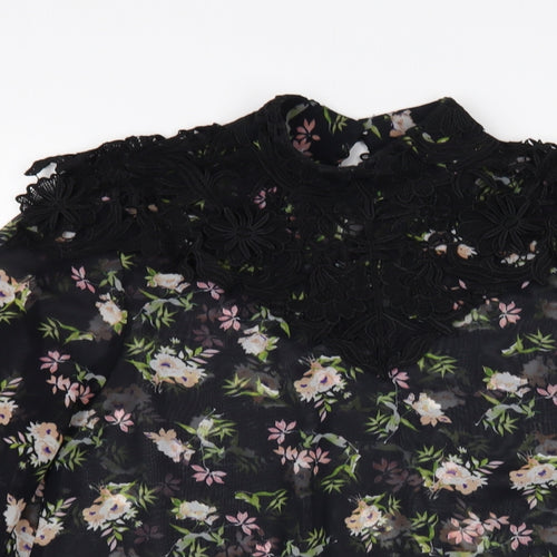 Zara Womens Black Floral Polyester Basic Blouse Size XS Mock Neck - Lace Detail