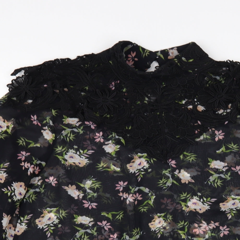 Zara Womens Black Floral Polyester Basic Blouse Size XS Mock Neck - Lace Detail