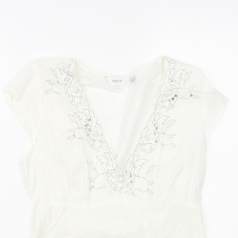 NEXT Womens White Linen Basic Blouse Size 8 V-Neck