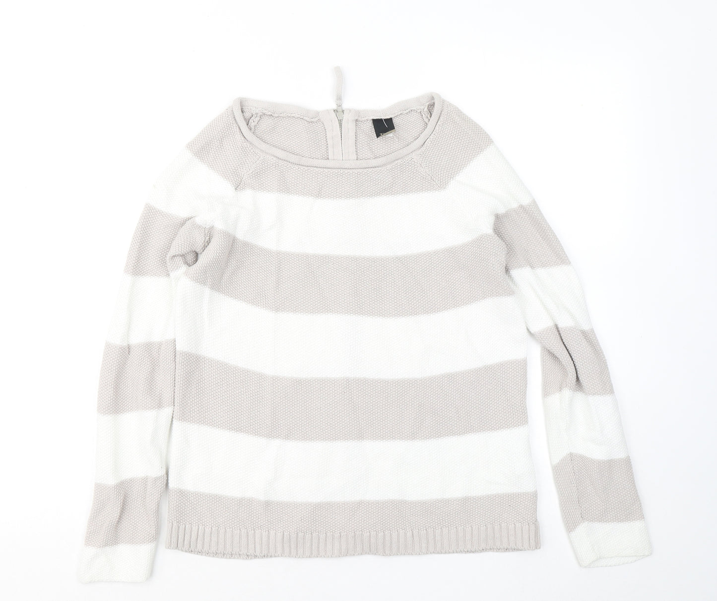 B.C. Best Connections Womens Grey Round Neck Striped Cotton Pullover Jumper Size 10