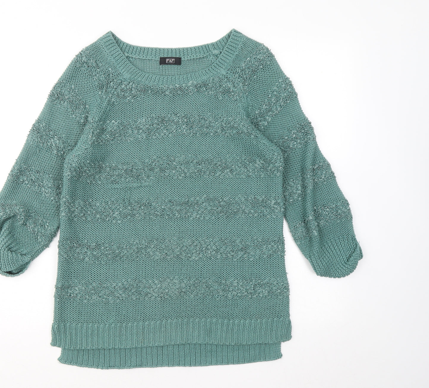 F&F Womens Green Round Neck Striped Acrylic Pullover Jumper Size 12
