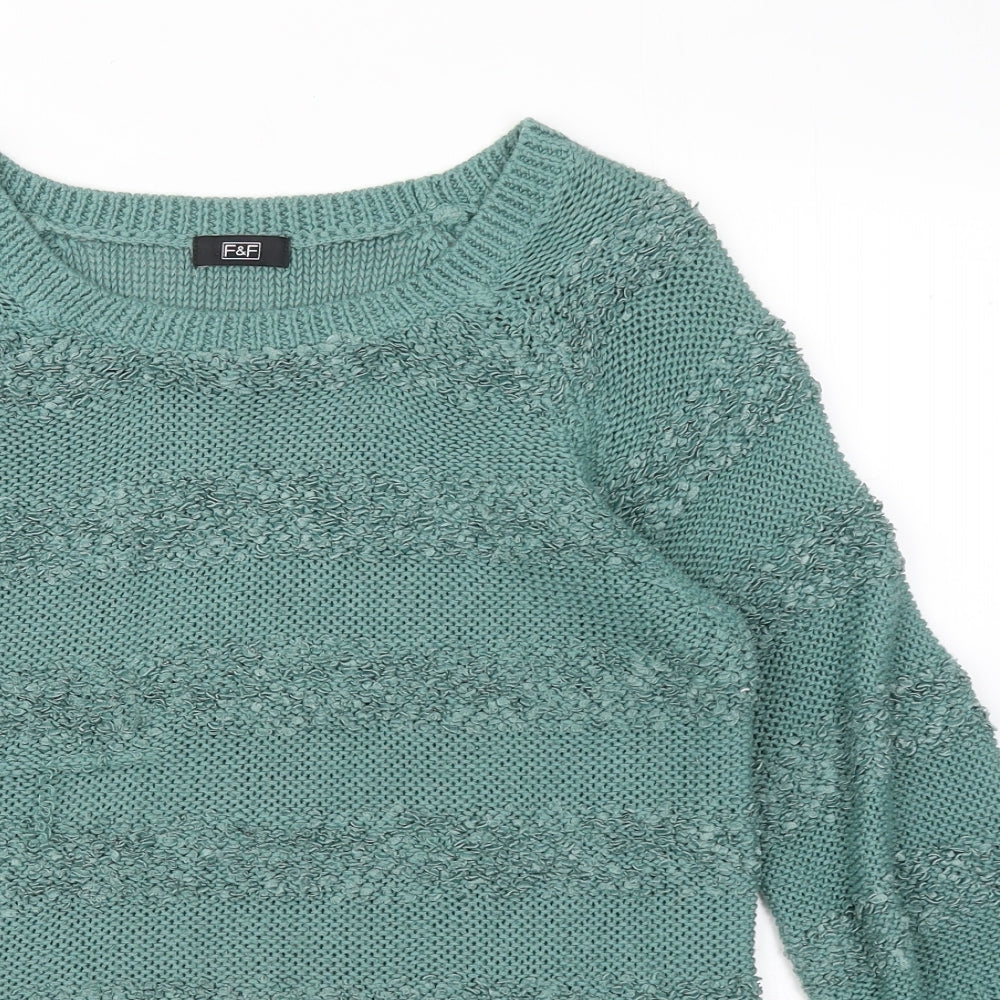 F&F Womens Green Round Neck Striped Acrylic Pullover Jumper Size 12