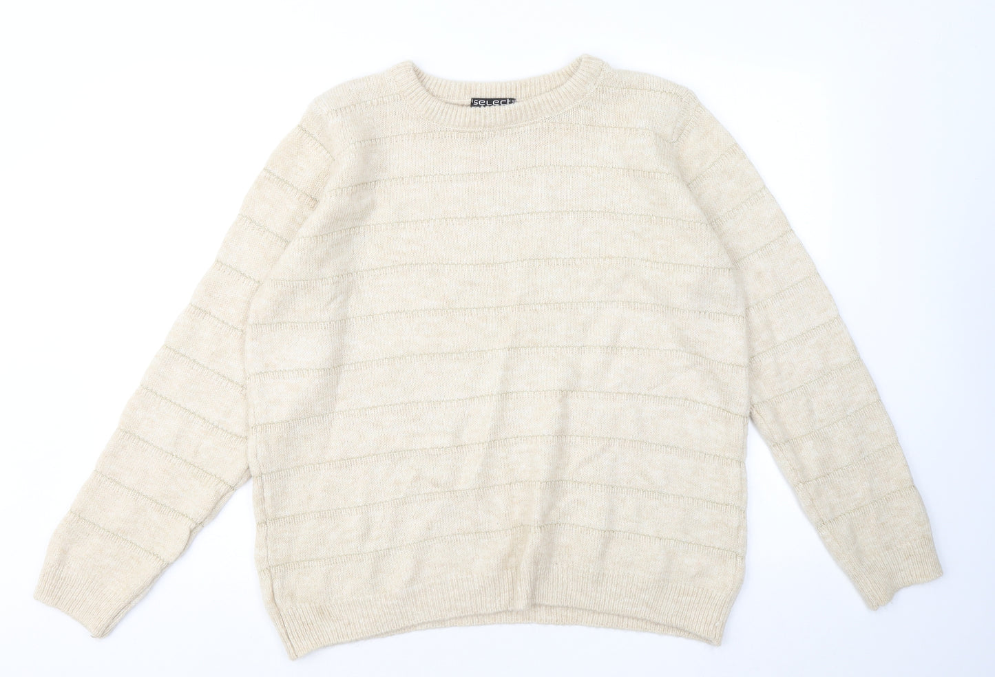 Select Womens Beige Round Neck Striped Acrylic Pullover Jumper Size L