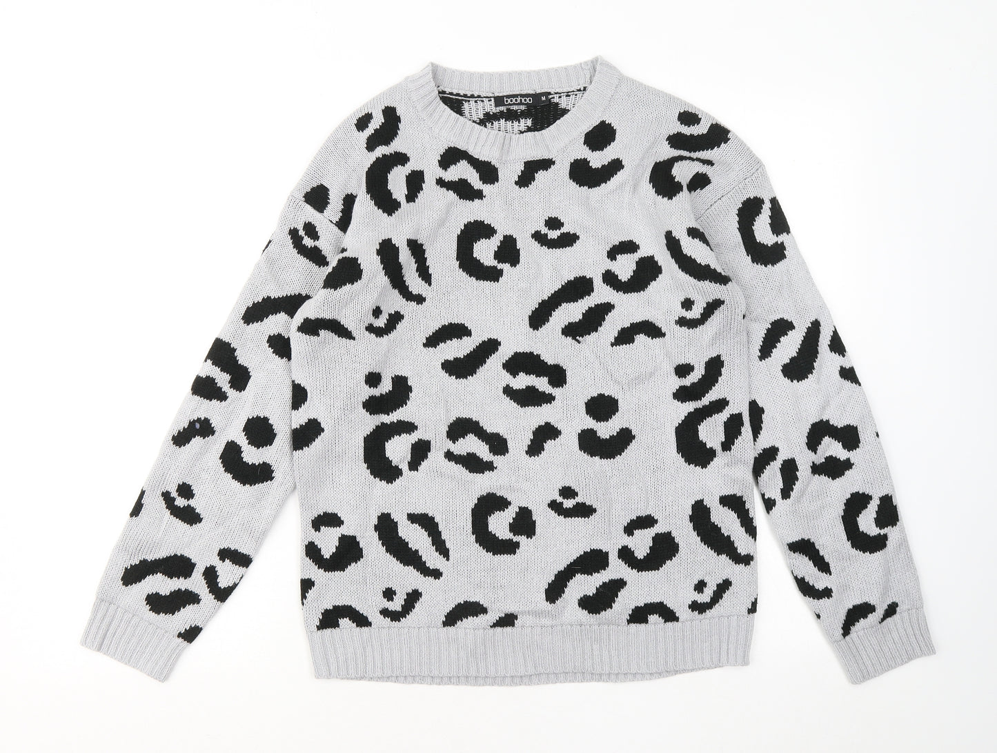 Boohoo Womens Grey Round Neck Animal Print Acrylic Pullover Jumper Size M