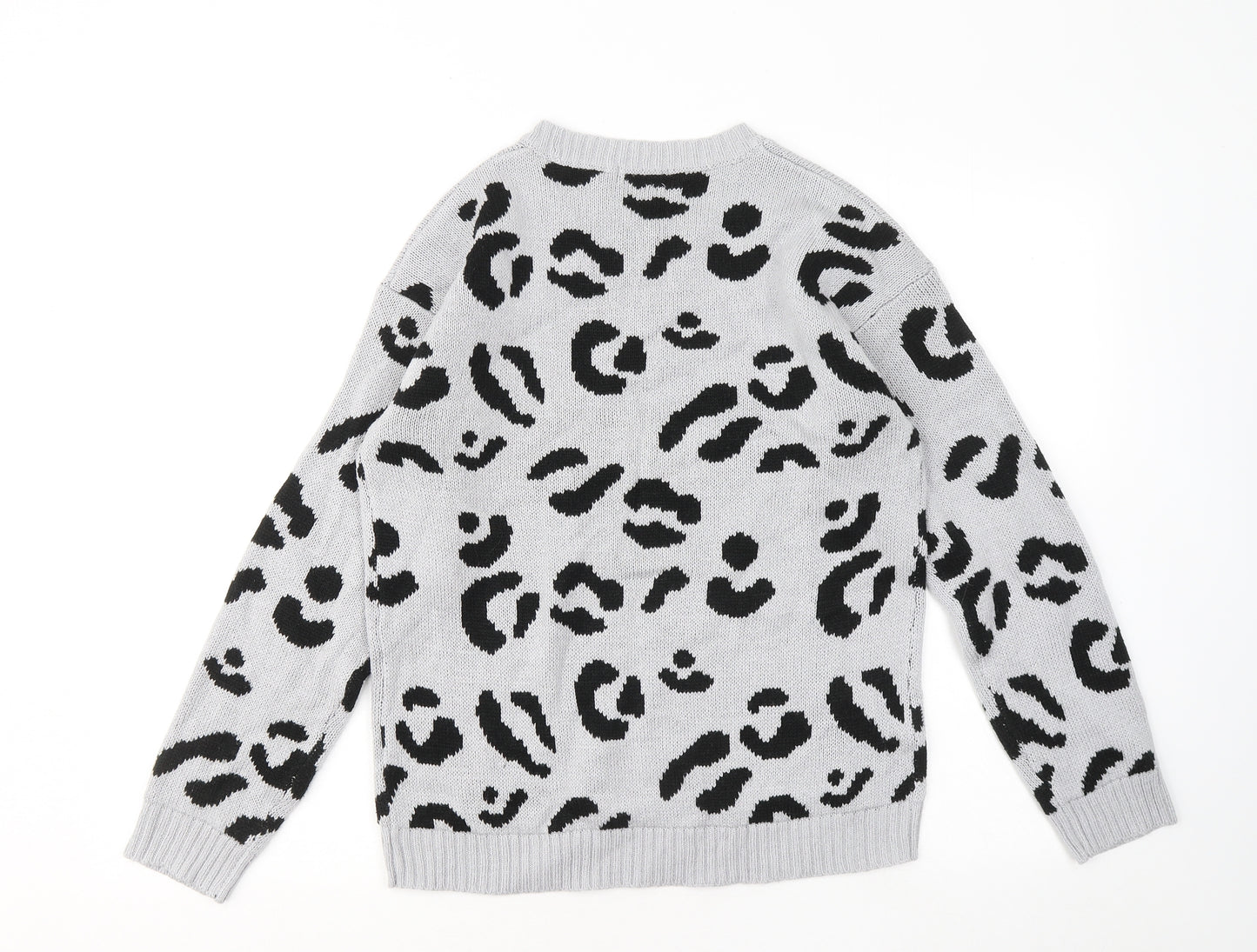 Boohoo Womens Grey Round Neck Animal Print Acrylic Pullover Jumper Size M