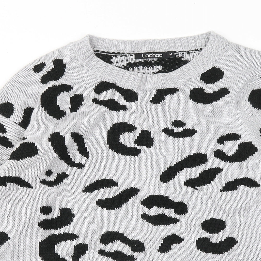 Boohoo Womens Grey Round Neck Animal Print Acrylic Pullover Jumper Size M